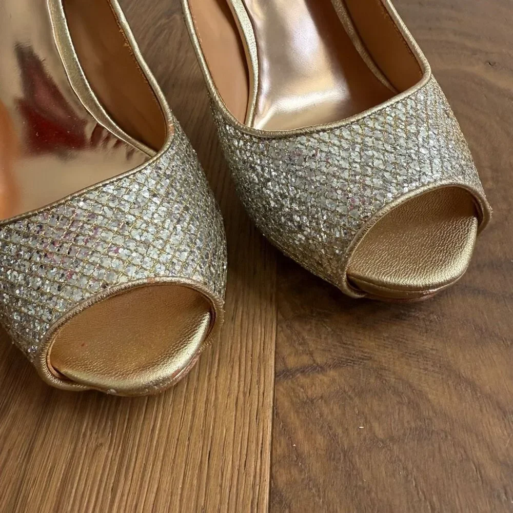 Badgley Mischka Humbie II Glitter Peep Toe Heel Gold Silver 9.5